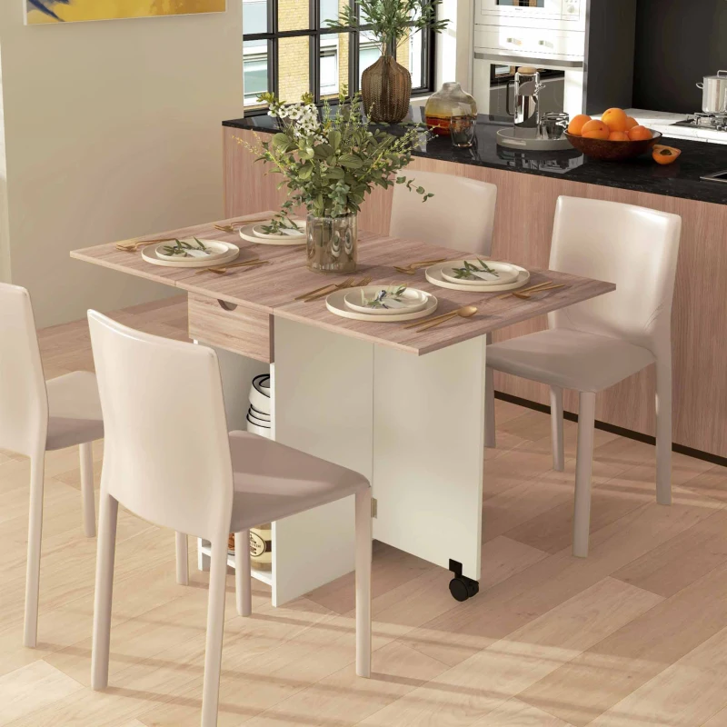 HOMCOM Mesa de Cozinha Dobrável com Rodas Laterais Rebatíveis Gaveta e Prateleiras para 2-4 Pessoas 120x72x75 cm Madeira Branco