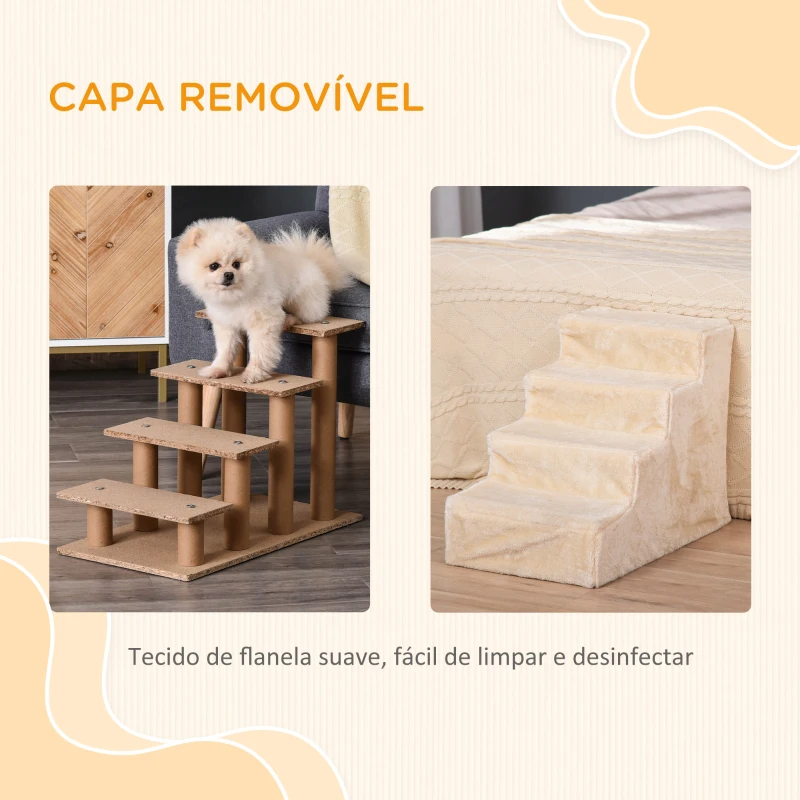 PawHut Escada para Animais de Estimação com 4 Degraus 2 em 1 com Capa Removível e Lavável Escada 60x35x44 cm Bege