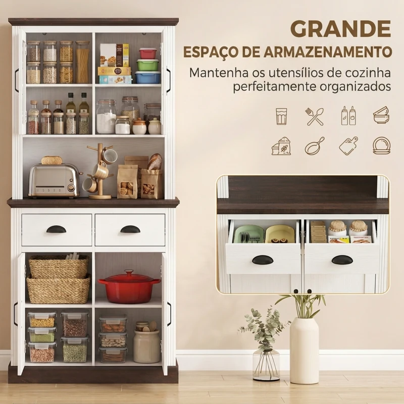 HOMCOM Armário de Cozinha Alto com Portas de Vidro 2 Gavetas Prateleiras Ajustáveis e Nicho Aberto 80x38x170 cm Branco