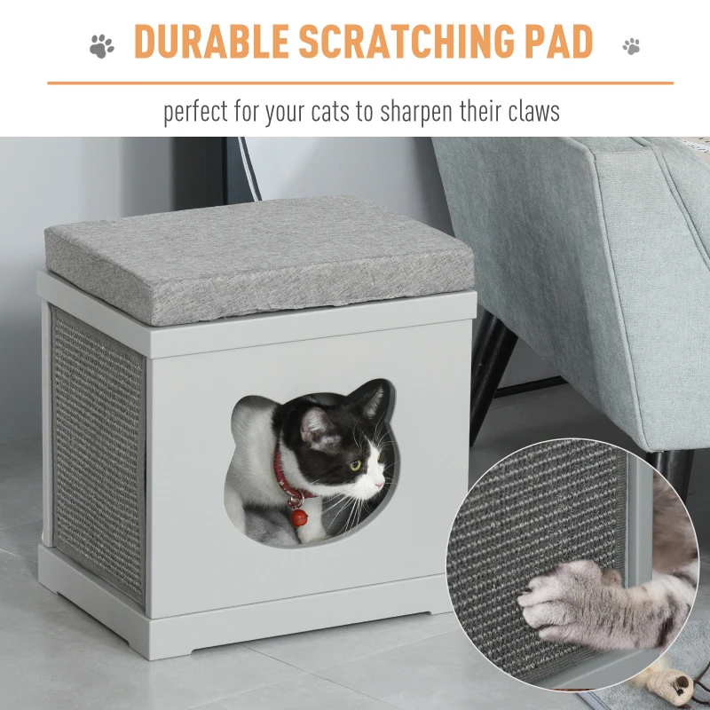 PawHut Cat House Bed Cat Scratching Cube for Small Cat Pet Furniture with Removable Scratching Pad and Soft Cushion Grey