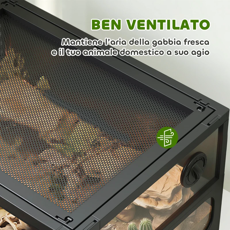 PawHut Rettilario Rialzato e Pieghevole con Coperchio e Pareti in Vetro Temperato e Plastica, 60x45x32 cm, Nero