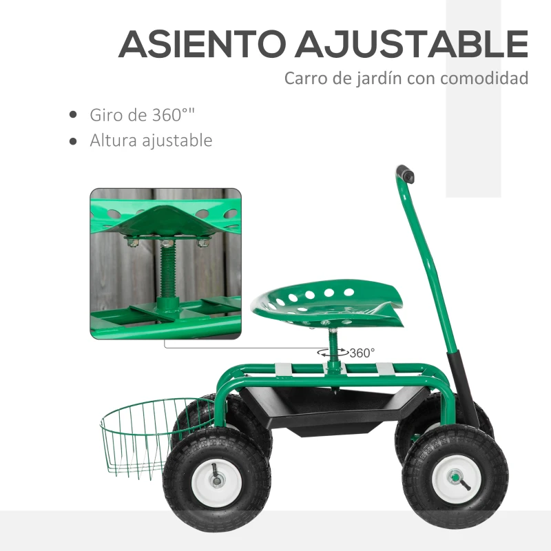 Outsunny Asiento de Jardín con Ruedas Asiento Giratorio y Ajustable en Altura Bandeja de Herramientas Cesta para Exterior Verde