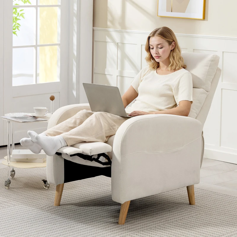 HOMCOM Poltrona Relax Reclinável Manual Estofada em Linho Sintético com Apoio para os Pés e Bolso Lateral 68x90x106 cm Creme