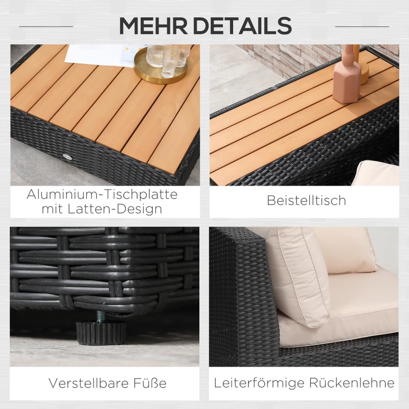 Outsunny 4-tlg. Luxus Polyrattan Gartengarnitur Gartenmöbel Garten-Set Sitzgruppe Loungeset Loungemöbel inkl. Ablagen und Beistelltisch Sitzkissen Schwarz