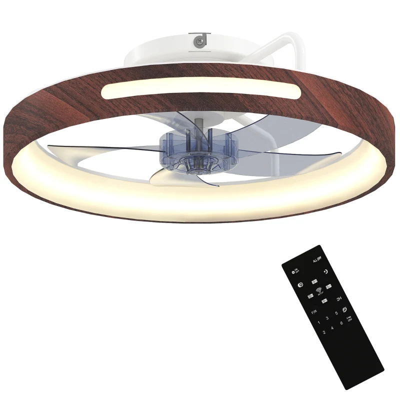 HOMCOM Ventilador de Teto com Luz LED 40 W Motor DC Reversível Comando à Distância 6 Velocidades 3 Cores Temporizador Teca