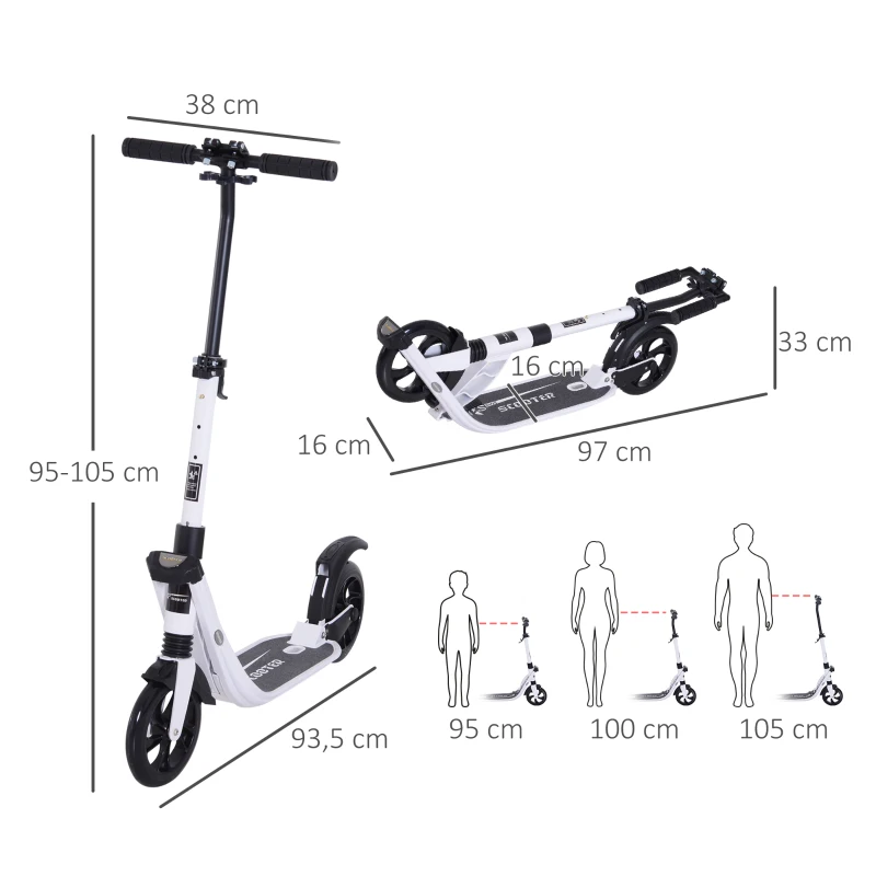 HOMCOM Trottinette pliable pour adultes adolescents à partir 14 ans hauteur guidon réglable double système d'absorption des chocs roues PU alu dim. 94 x 38 x 95-105 cm blanc