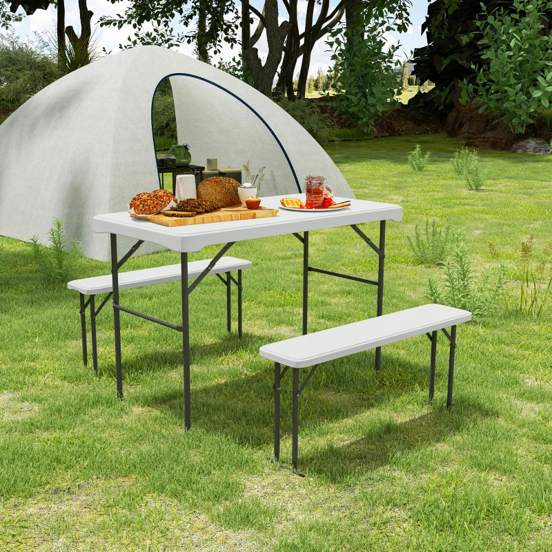 Outsunny Ensemble table pliante et bancs de pique-nique 113 cm avec poignées de transport, table et banc pliable gris clair blanc