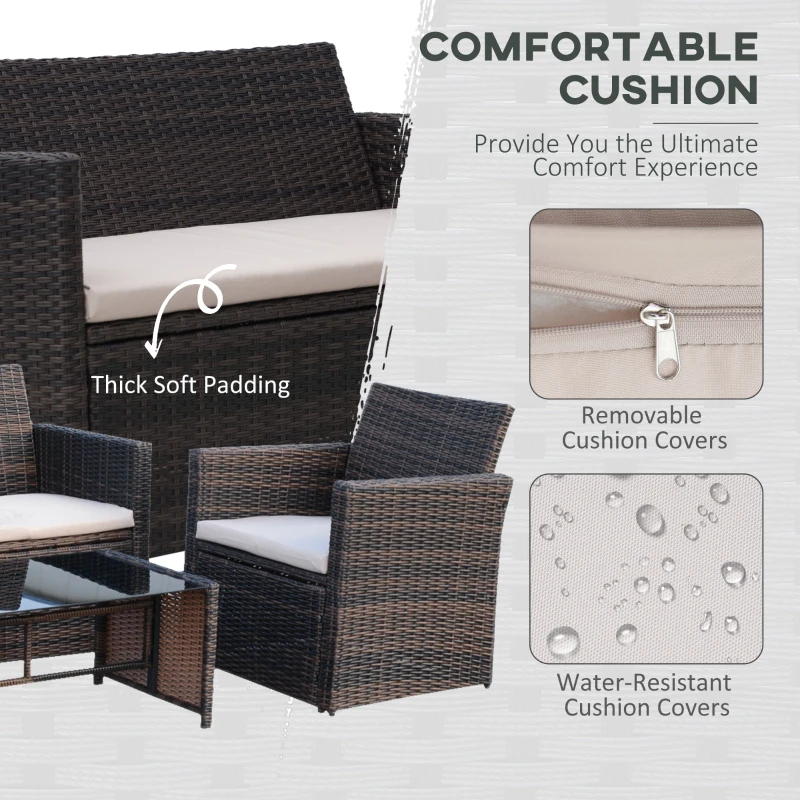 Outsunny 4 Pieces PE Rattan Garden Sofa Set with Cushions, Outdoor Patio Wicker Weave Conservatory Furniture Set with a Loveseat, 2 Armchairs and a Glass Top Coffee Table, Mixed Brown