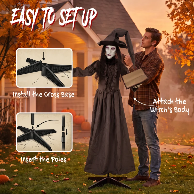 HOMCOM 180cm Life Size Animated Witch Halloween Decorations Outdoor Indoor, Scary Halloween Animatronics Decor