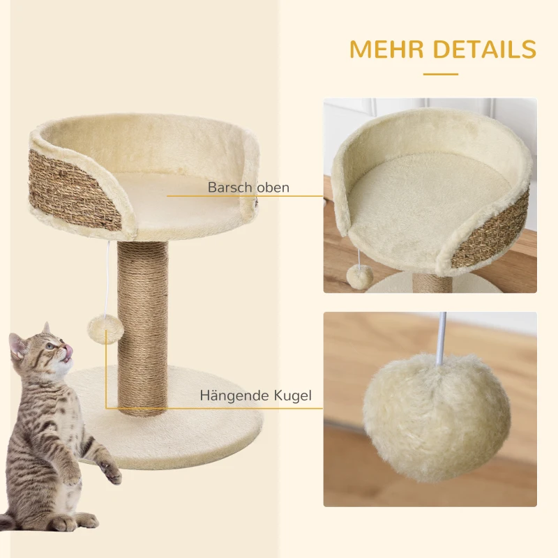 PawHut Krabpaal Kattenbed Kattenmand, incl. Speelbal, 40 cm x 40 cm x 49 cm, Natuur + Crèmewit