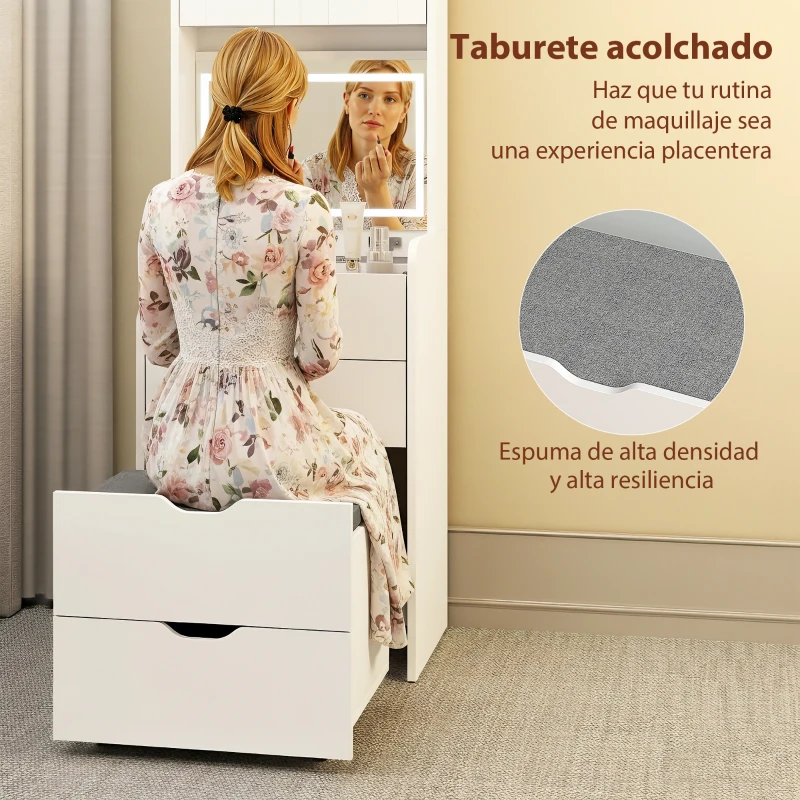 HOMCOM Tocador de Maquillaje con luces LED de 3 Colores Espejo Abatible y Taburete Acolchado 3 Cajones y Estantes Blanco