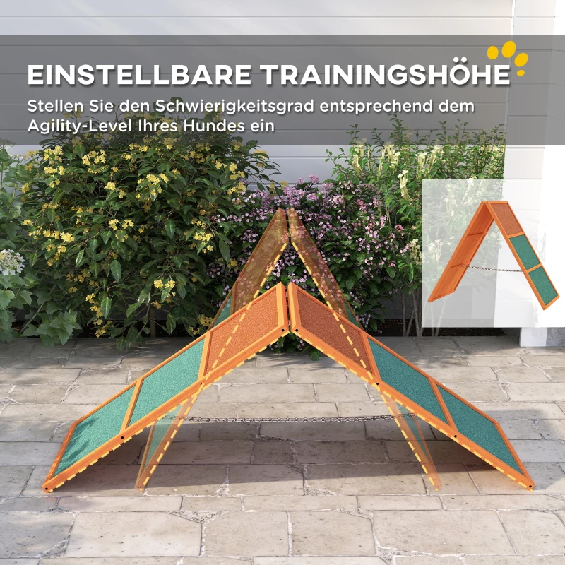 PawHut Agility hondenloopplank, opvouwbaar, hoogte verstelbaar, antislip, Vurenhout, tot 40 kg, 173 x 59 x 66 cm, Oranje/Groen