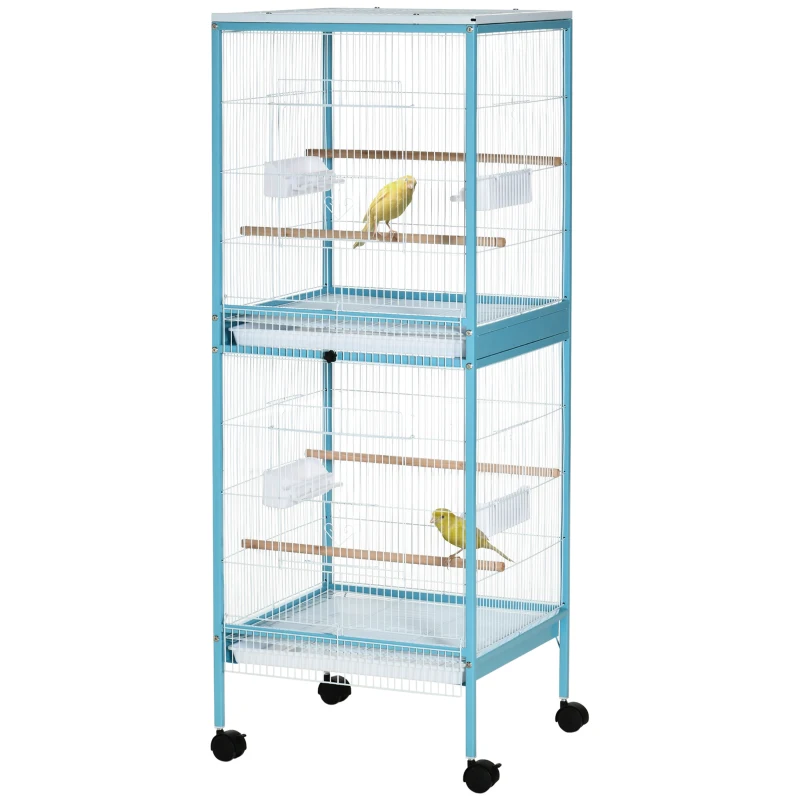PawHut Grande Cage à Oiseaux sur Pied Double avec Mangeoires Perchoirs Plateau Amovible Roulettes 51,5 x 50 x 140 cm Bleu Clair