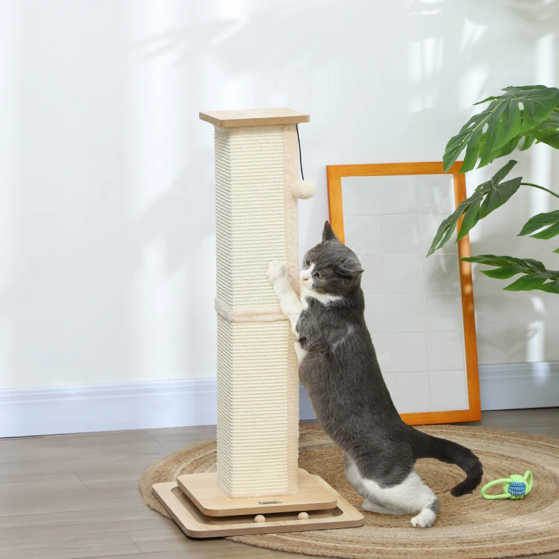 PawHut Poste Arranhador para Gatos 87 cm Arranhador para Gatos com Bola Suspensa Trilho com Bola e Poste de Sisal Bege e Madeira
