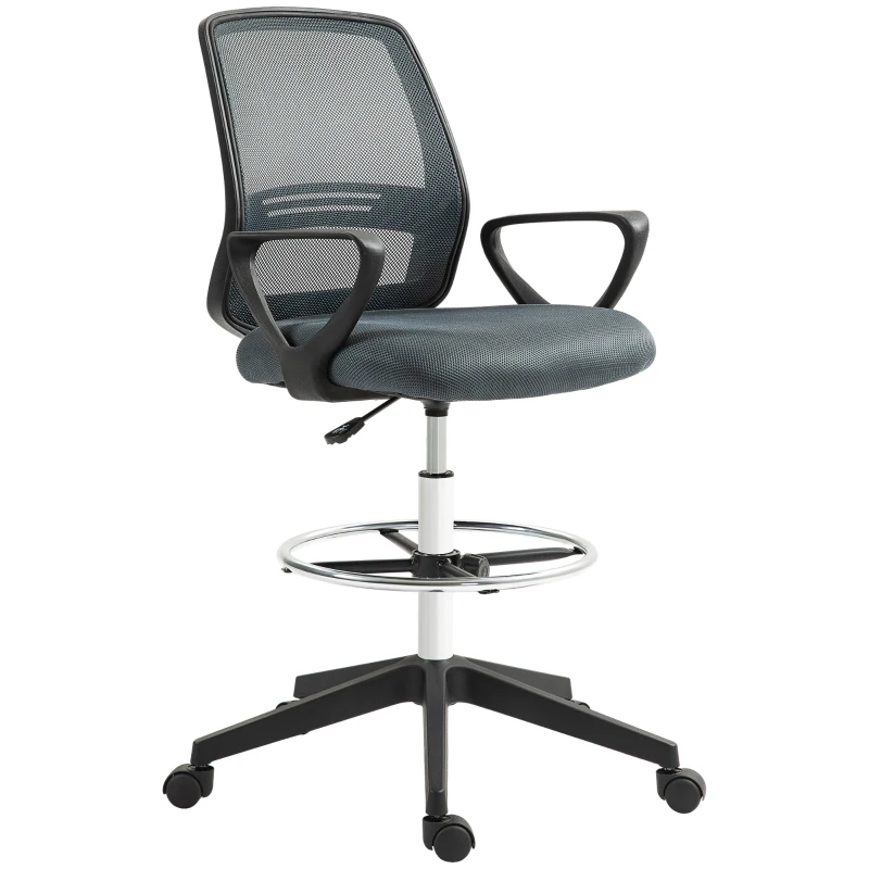 Vinsetto Ergonomische Bureaustoel met Armleuningen en Verstelbare Voetensteun, Mesh Bekleding Grijs