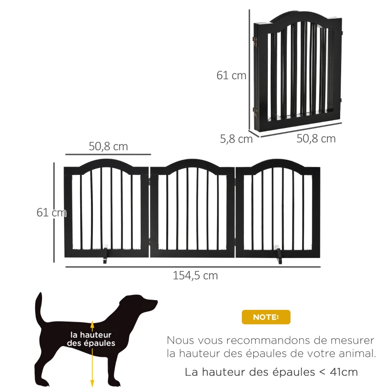 PawHut Barrière de sécurité chien barrière modulable pliable pour animaux de compagnie avec pied de support MDF bois massif 154,5 x 61 cm noir