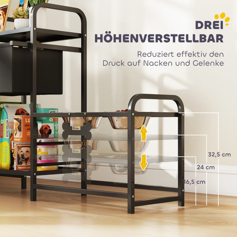 PawHut Verhoogde hondenkom hoogteverstelbaar Voerbak met opbergruimte Drinkkom 2 x 800 ml roestvrijstalen kommen 89,5x27x74 cm Zwart