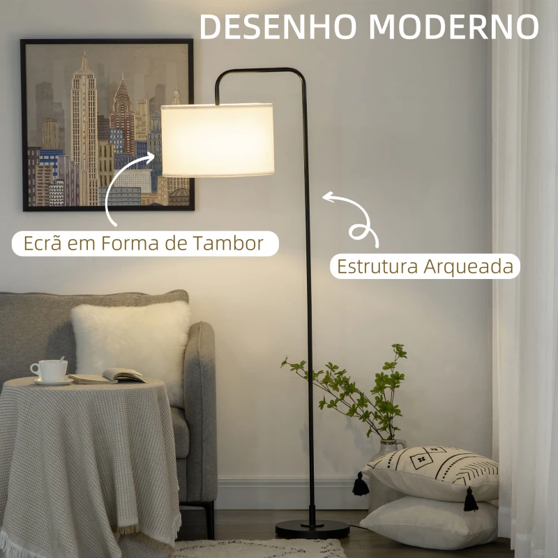 HOMCOM Candeeiro de Pé Moderno Lâmpada E27 Máx. 40W com Ecrã de Linho e Interruptor de Pé 64x38x163,5cm Branco e Preto