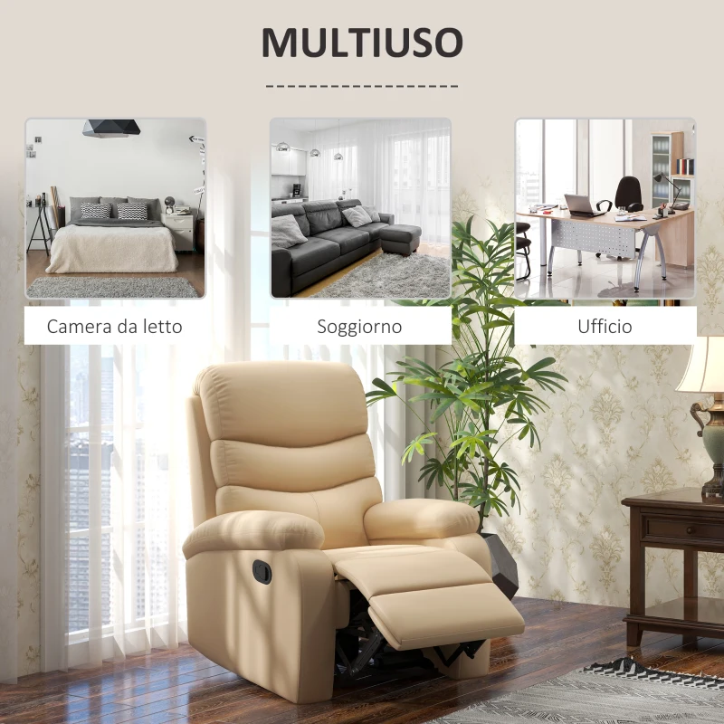 HOMCOM Poltrona Relax Reclinabile con Poggiapiedi in Finta Pelle e Imbottitura in Spugna, 78x90x105cm, Beige