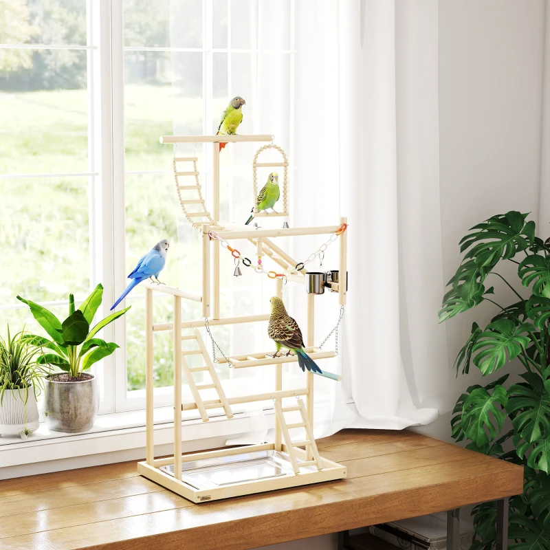 PawHut 95 cm Wooden Bird Playground with Ladders, Chain Toy, Stainless Steel Cups and Tray, Bird Cage Accessories, Natural
