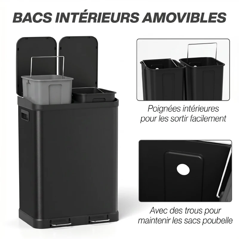 HOMCOM Poubelle de cuisine à double compartiment 2 x 30L avec pédale en acier inoxydable, couvercle à fermeture douce, noir