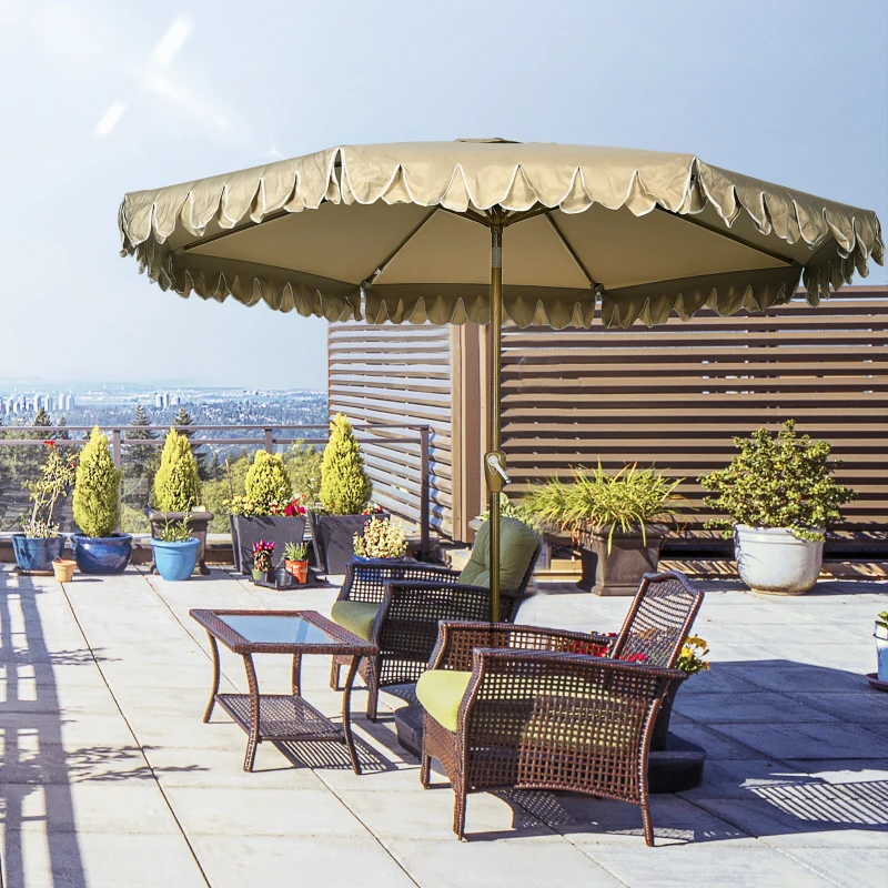 Outsunny parasol, met franje, kantelbaar, met handslinger, staal+polyester, kaki, Ø265 x 235,5 cm