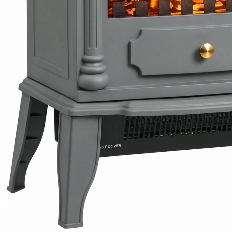 HOMCOM Freestanding Portable Fireplace, Electric Fireplace Stove Heater with 3D Flame Effect and Adjustable Thermostat, Grey