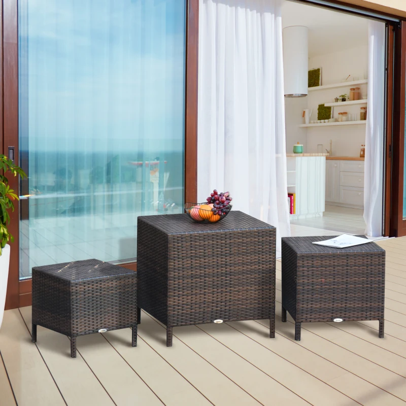 Outsunny Set 3 Tavolini da Giardino in Rattan 40x40x40cm, 50x47x50cm, 60x54x60cm Marrone