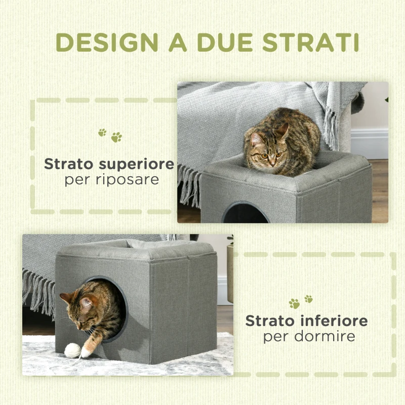 PawHut Casetta per Gatti a 2 Livelli con Cuscino in Peluche, in Legno, Poliestere e Plastica, 36.5x36.5x33 cm, Verde
