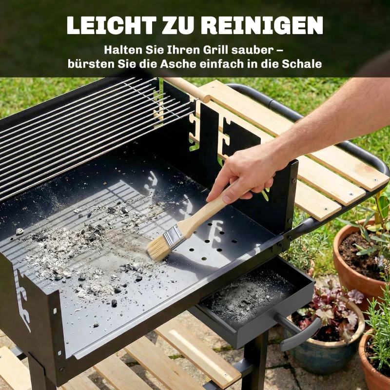 Outsunny Houtskoolbarbecue met 4 verstelbare grillhoogtes, 2 houten planken, 2 wielen, aslade, 99,5 x 58 x 82 cm