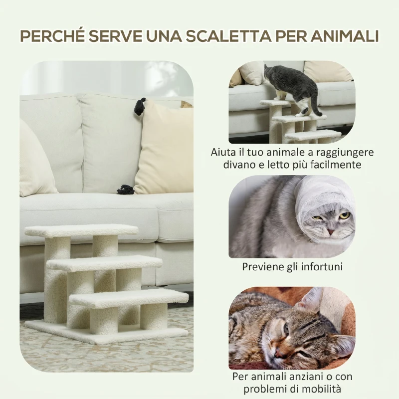 PawHut Scaletta per Cani e Gatti a 3 Gradini con Rivestimento in Peluche, 45x35x34 cm, Beige