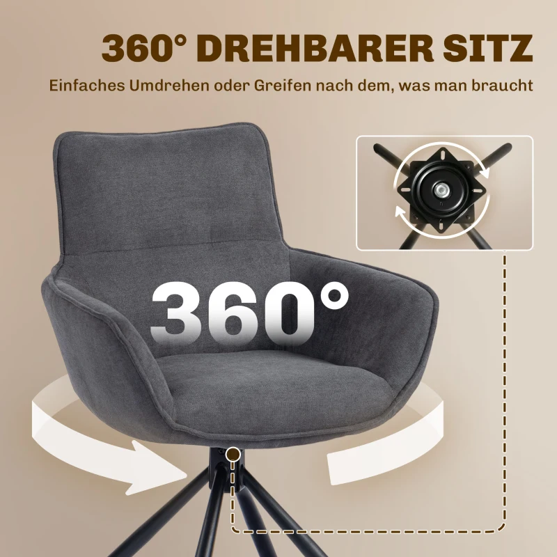 HOMCOM Set van 2 Eetkamerstoelen, Draaibaar, Zacht Gepolsterd, Armleuningen, Metalen Poten, Donkergrijs