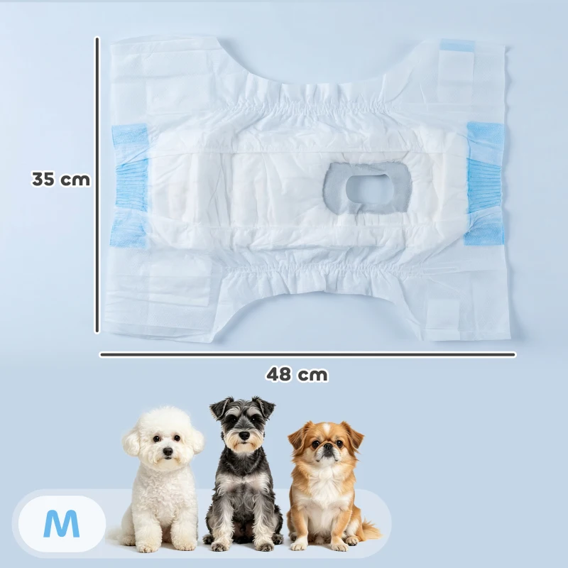 PawHut Pannolini per Cani Femmina, 48 pezzi, Taglia M con Fascia Elastica Regolabile, 48x35x1 cm, Bianco