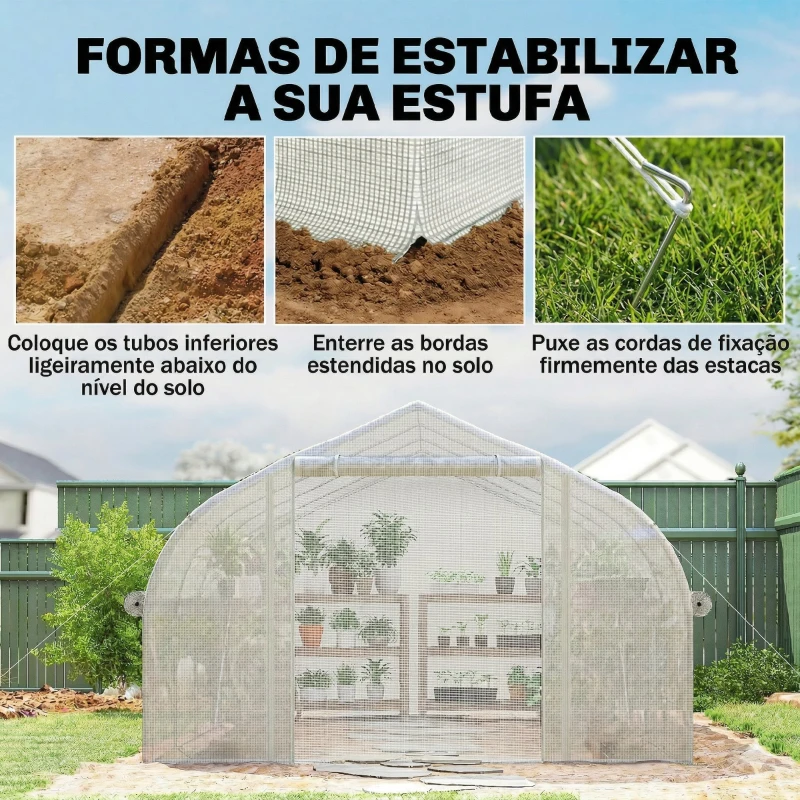Outsunny Estufa Tipo Túnel 395x300x200 cm com Porta de Malha e 8 Janelas Estufa de Jardim com Cobertura de PE Branco