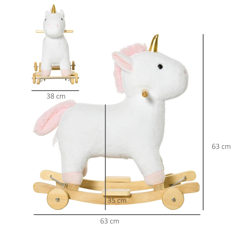 HOMCOM Cavallo a Dondolo per Bambini a Unicorno con Base Curva e Ruote, Cavallo a Dondolo 2 in 1 con Suoni Integrati e Rivestimento Peluche, per Bambini 3-6 Anni, 63x38x63cm, Bianco
