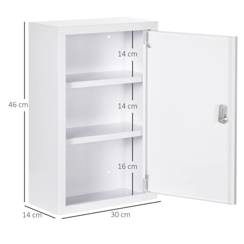kleankin Armadietto Medicinali a 3 Ripiani con Serratura e 2 Chiavi, in Acciaio, 30x14x46 cm, Bianco