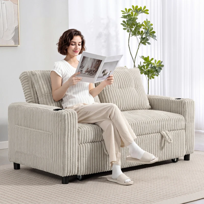 HOMCOM Corduroy Click Clack Sleeper Sofa with Pull Out Design, 2 Seater Sofa Bed, Cream White