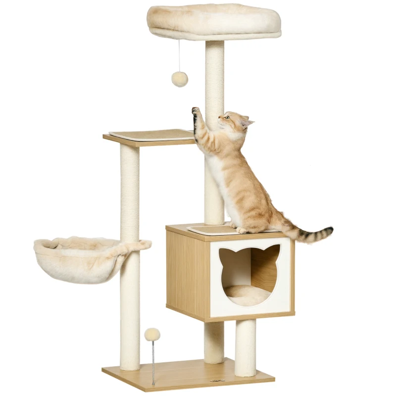PawHut Tiragraffi per Gatti con 2 Pali, Casetta, Amaca, Lettino e 2 Palline, in Legno, Pile e Sisal, 48x40x126 cm
