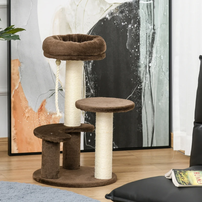 PawHut Albero Tiragraffi per Gatti a 3 Livelli con Lettino in Peluche e Pali in Sisal, Ø40x65 cm, Marrone