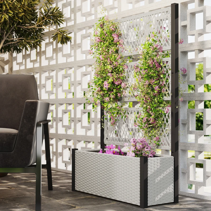 Outsunny Hochbeet mit Rankgitter in Rattan-Optik Pflanzkasten Blumenkasten mit Rankhilfe 90 x 35 x 148cm Grau