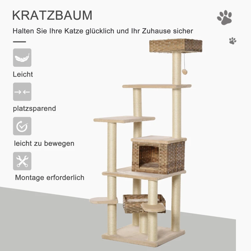 krabpaal met kattengrot rotan kattenboom met meerdere verdiepingen voor katten beige + bruin