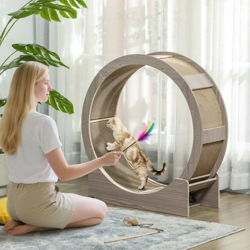 PawHut Roue d'exercice pour chat roue de course pour chat frein sécurisé et tapis de grattage amovible silencieux 91 cm marron