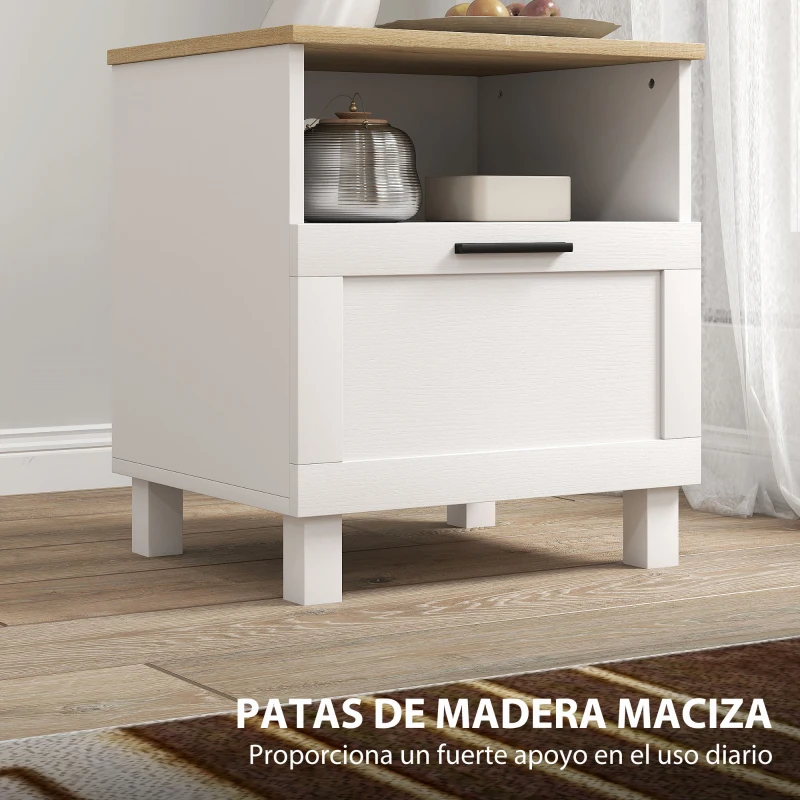 HOMCOM Juego de 2 Mesitas de Noche Mesillas de Noche con Cajón Compartimento Abierto Patas de Madera 45x38x50 cm Blanco