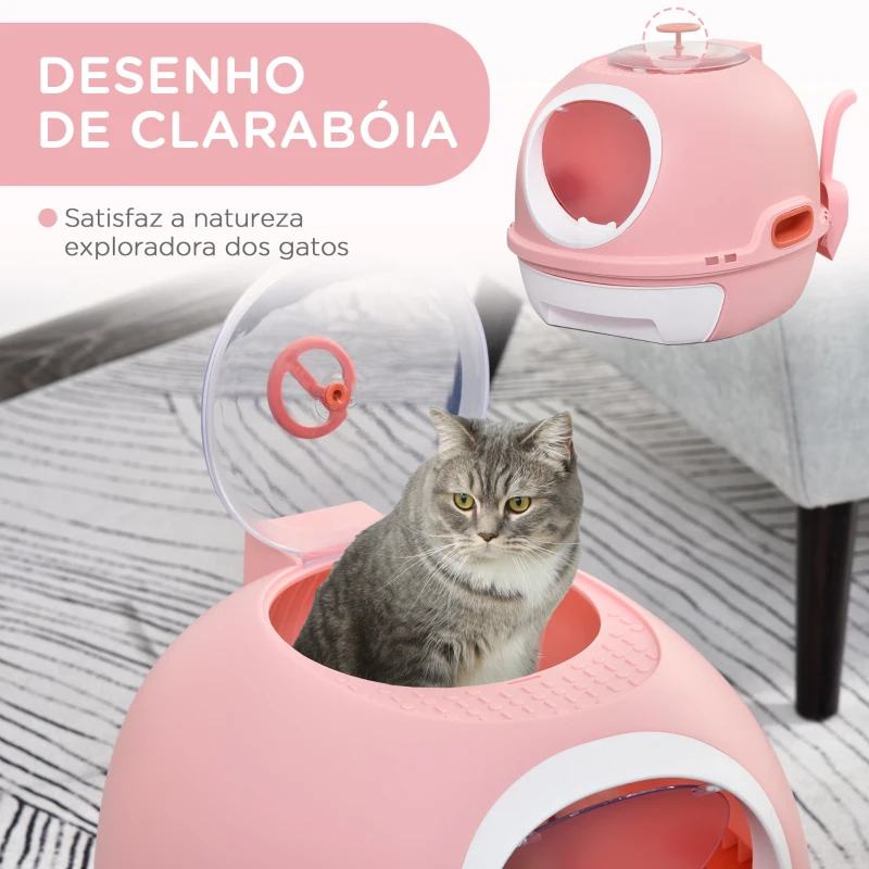PawHut Caixa de Areia Fechada para Gatos com Clarabóia Bandeja Amovível e Pá 47x55x44cm Rosa