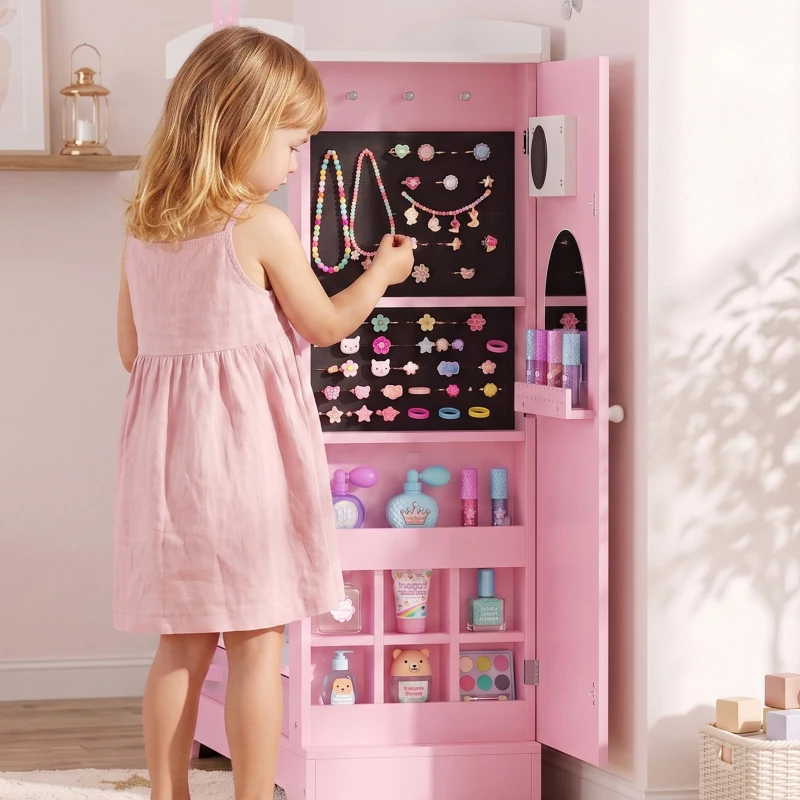 AIYAPLAY Kids Wardrobe with Lighted Mirror, Clothes Rail, Jewelry Cabinet, Shelves, Storage Boxes for Bedroom, Nursery, Pink