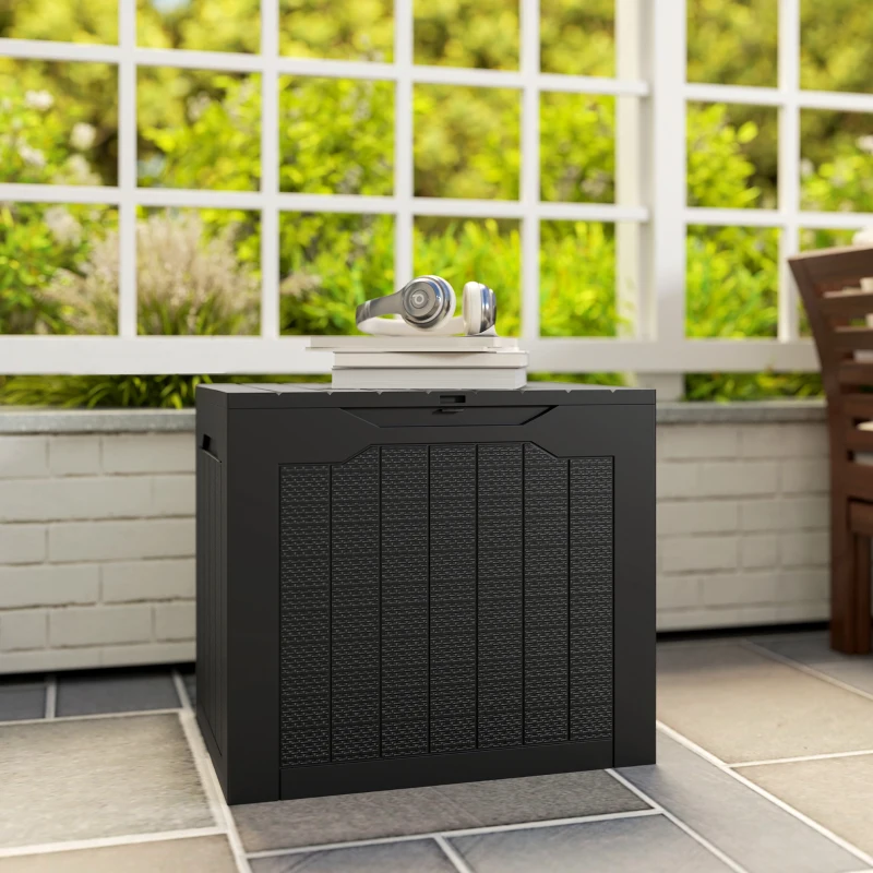 Outsunny 97L Plastic Garden Storage Box, Outdoor Storage Box with Handles, Waterproof Outdoor Storage Container, Black