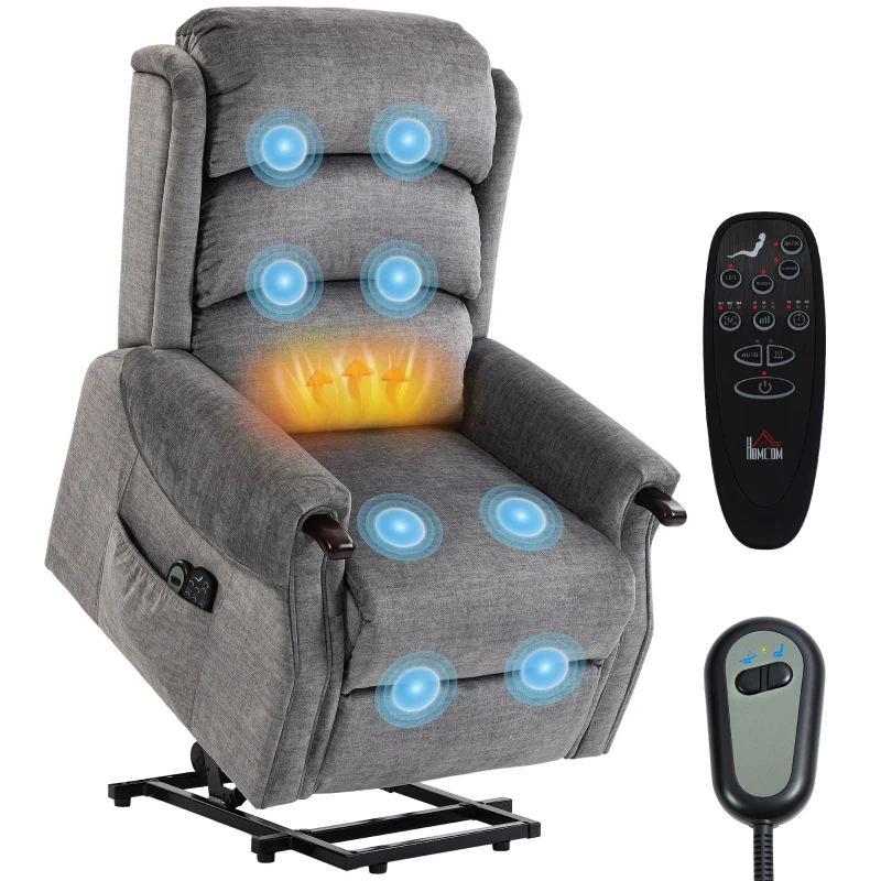 HOMCOM Power Lift Recliner with Vibration Massage and Heat, Lift Chair for Tall with Wood Grip, Pocket Spring, Light Grey