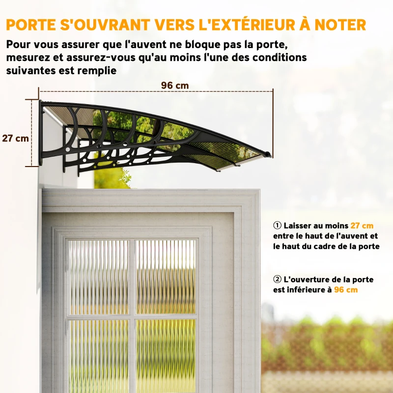 Outsunny Auvent de porte toit marquise en polycarbonate auvent de porte d'entrée bord en aluminium contre la pluie et UV
