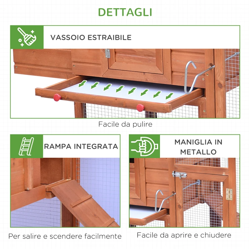 PawHut Pollaio in Legno con Casetta, Nido di Cova e Area Aperta, per 2-4 Galline, 190x66x116cm, Arancione