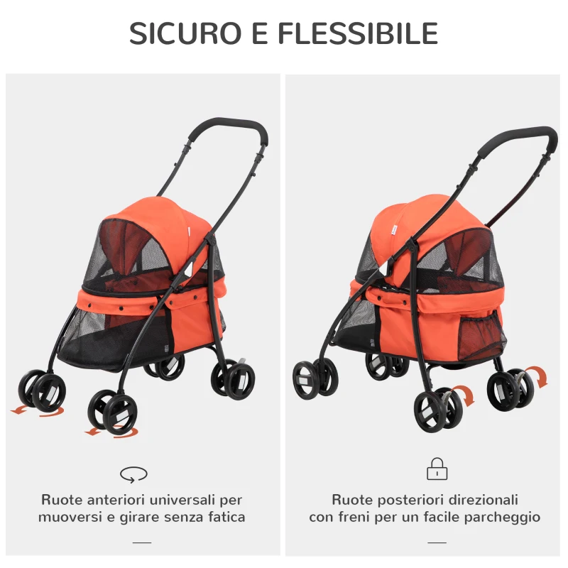PawHut Passeggino per Cani Pieghevole con Tettuccio Regolabile, Borsa e 2 Guinzagli, 82x47x97 cm, Rosso e Nero